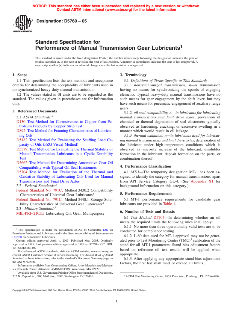 ASTM D5760-05 - Standard Specification for Performance of Manual Transmission Gear Lubricants
