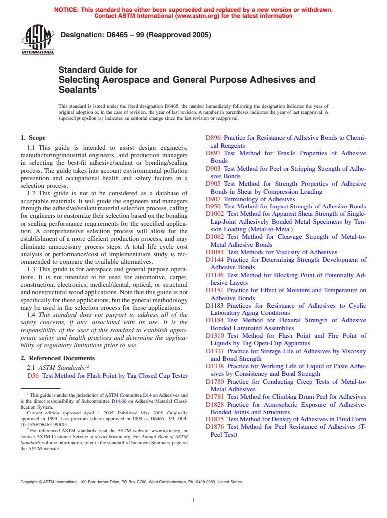 ASTM D6465-99(2005) - Standard Guide for Selecting Aerospace and General Purpose Adhesives and Sealants