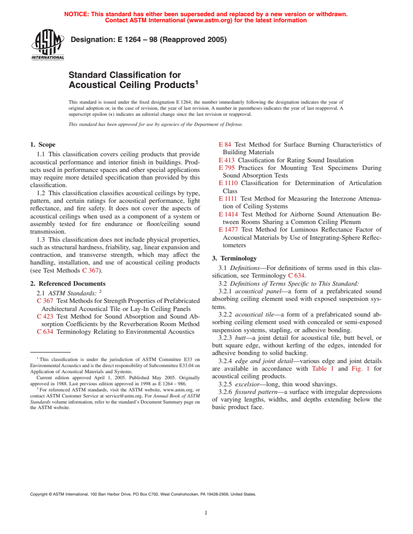 ASTM E1264-98(2005) - Standard Classification for Acoustical Ceiling Products