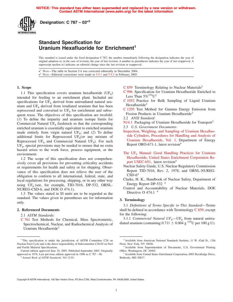 ASTM C787-03e2 - Standard Specification for Uranium Hexafluoride for Enrichment