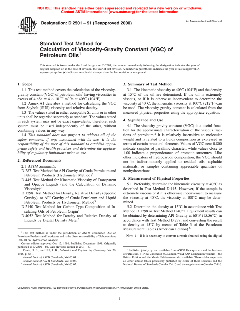 ASTM D2501-91(2000) - Standard Test Method for Calculation of Viscosity-Gravity Constant (VGC) of Petroleum Oils