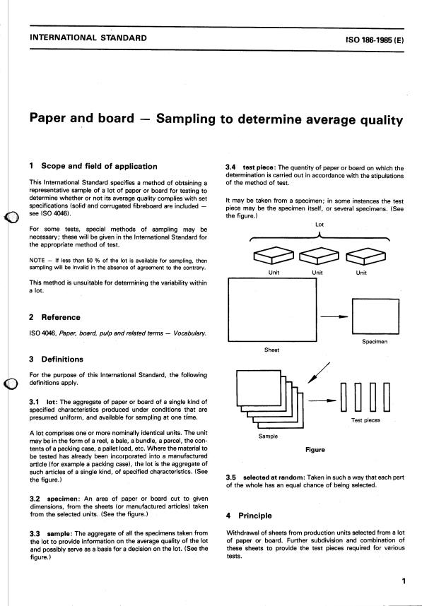 ISO 186:1985 - Paper and board -- Sampling to determine average quality