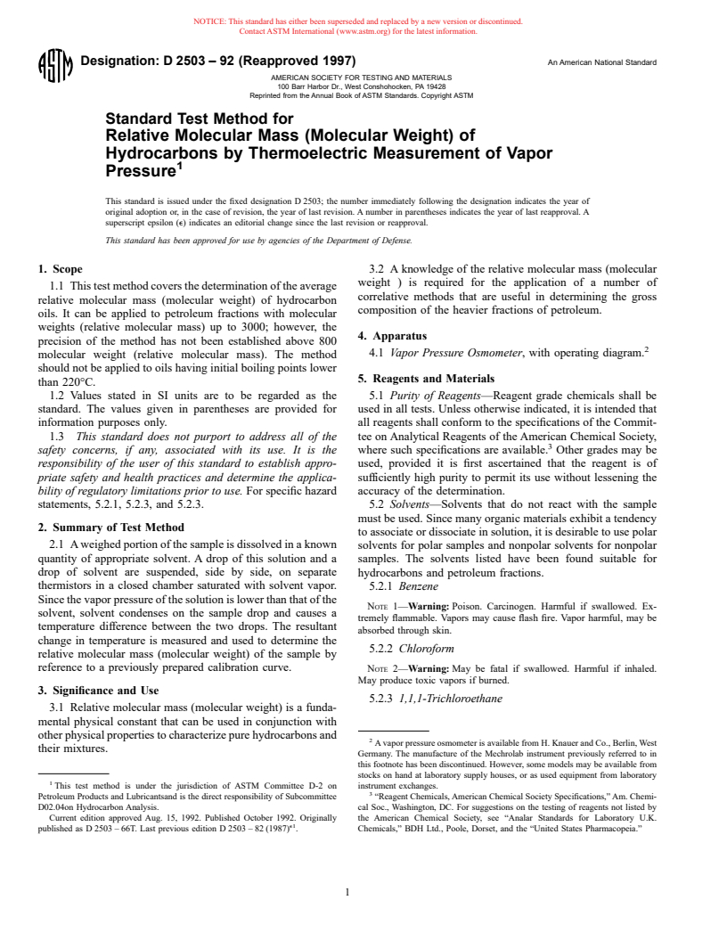 ASTM D2503-92(1997) - Standard Test Method for Relative Molecular Mass (Molecular Weight) of Hydrocarbons by Thermoelectric Measurement of Vapor Pressure