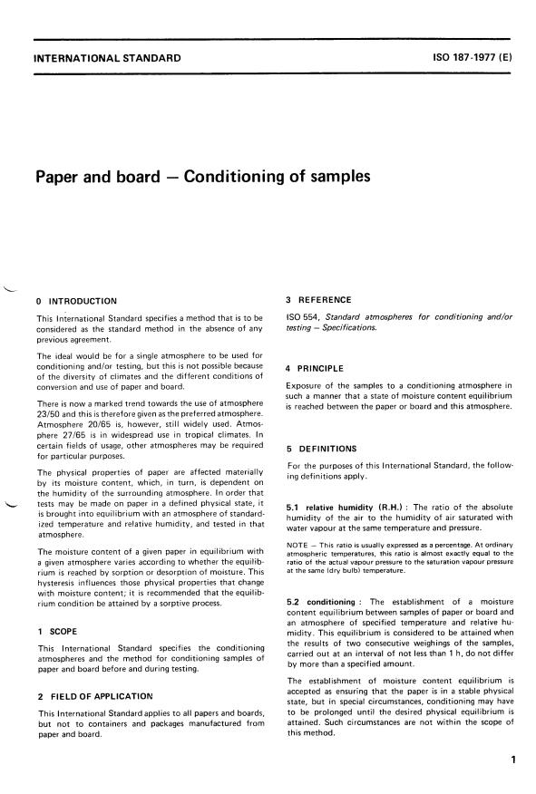 ISO 187:1977 - Paper and board -- Conditioning of samples