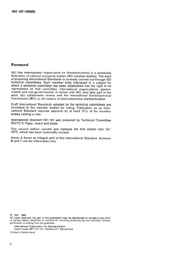 ISO 187:1990 ISO 187:1990 - Paper, board and pulps -- Standard atmosphere for conditioning and testing and procedure for monitoring the atmosphere and conditioning of samples - Page 2 preview