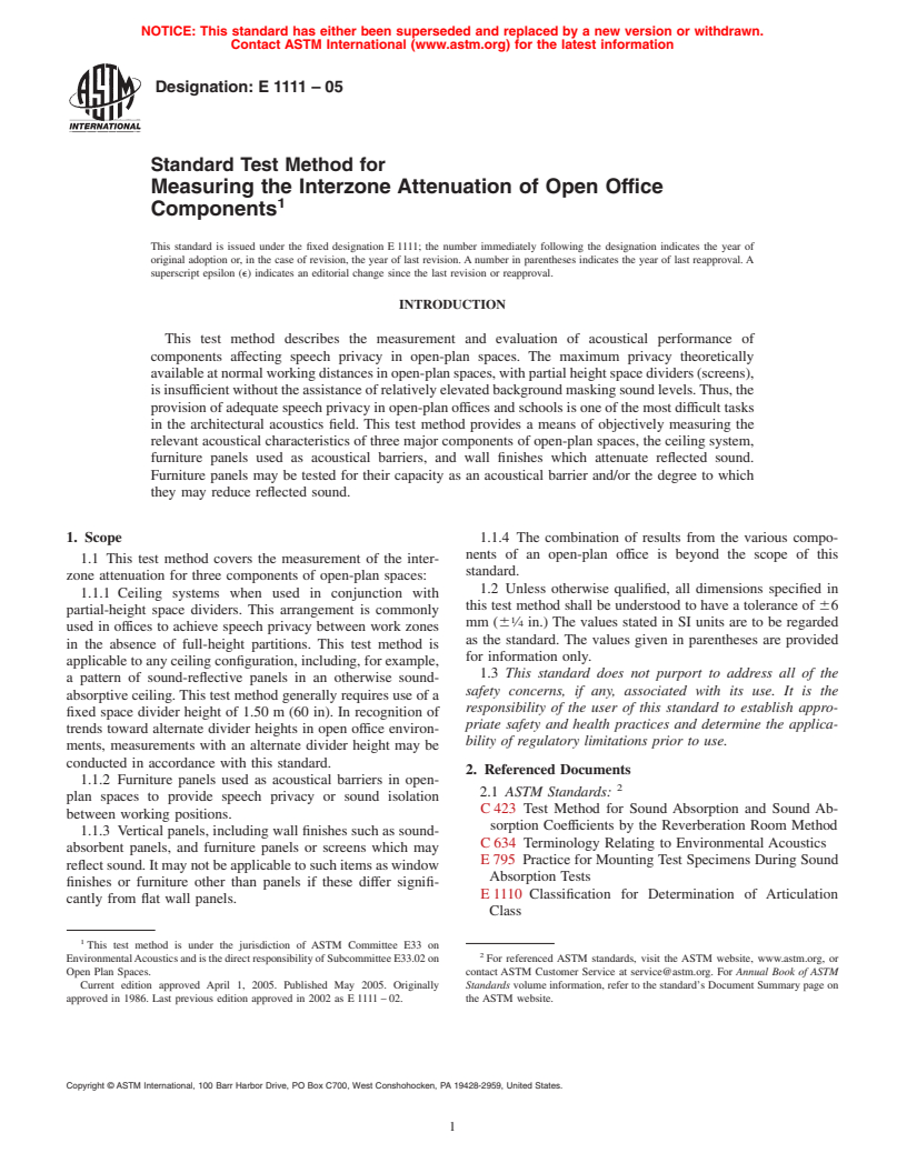 ASTM E1111-05 - Standard Test Method for Measuring the Interzone Attenuation of Open Office Components