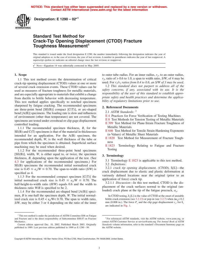 ASTM E1290-02e1 - Standard Test Method for Crack-Tip Opening Displacement (CTOD) Fracture Toughness Measurement