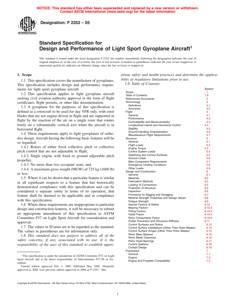 ASTM F2352-05 - Standard Specification for Design and Performance of Light Sport Gyroplane Aircraft