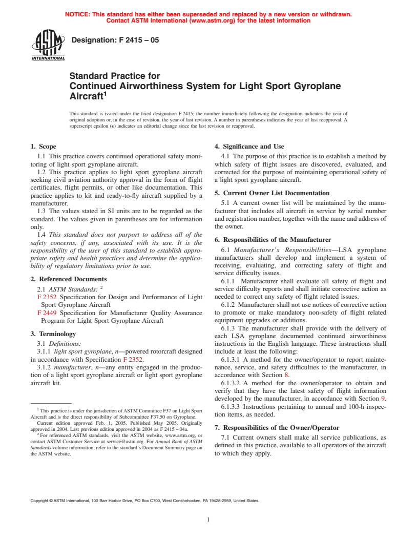 ASTM F2415-05 - Standard Practice for Continued Airworthiness System for Light Sport Gyroplane Aircraft