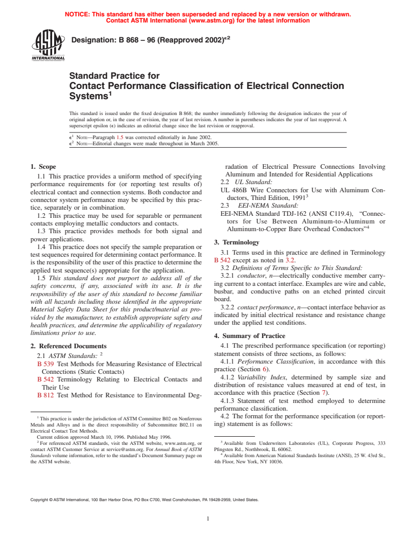 ASTM B868-96(2002)e2 - Standard Practice for Contact Performance Classification of Electrical Connection Systems