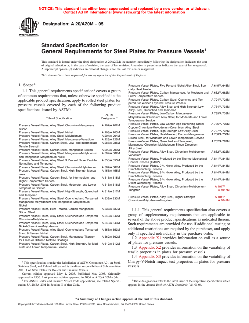 ASTM A20/A20M-05 - Standard Specification for General Requirements for Steel Plates for Pressure Vessels