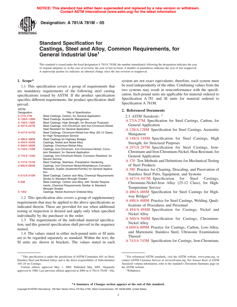 ASTM A781/A781M-05 - Standard Specification for Castings, Steel and Alloy, Common Requirements, for General Industrial Use