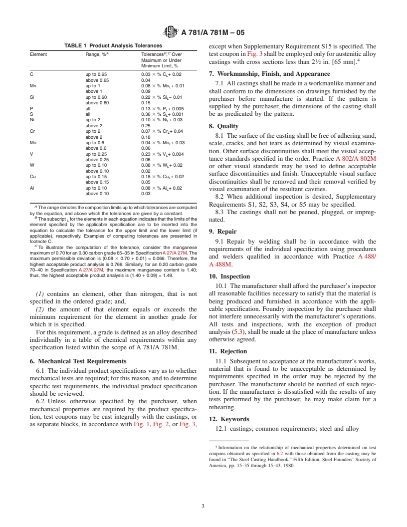 ASTM A781/A781M-05 - Standard Specification for Castings, Steel and Alloy, Common Requirements, for General Industrial Use