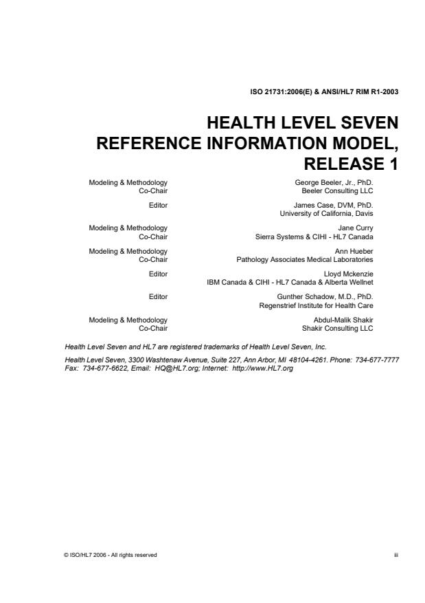 ISO/HL7 21731:2006 - Health informatics -- HL7 version 3 -- Reference information model -- Release 1