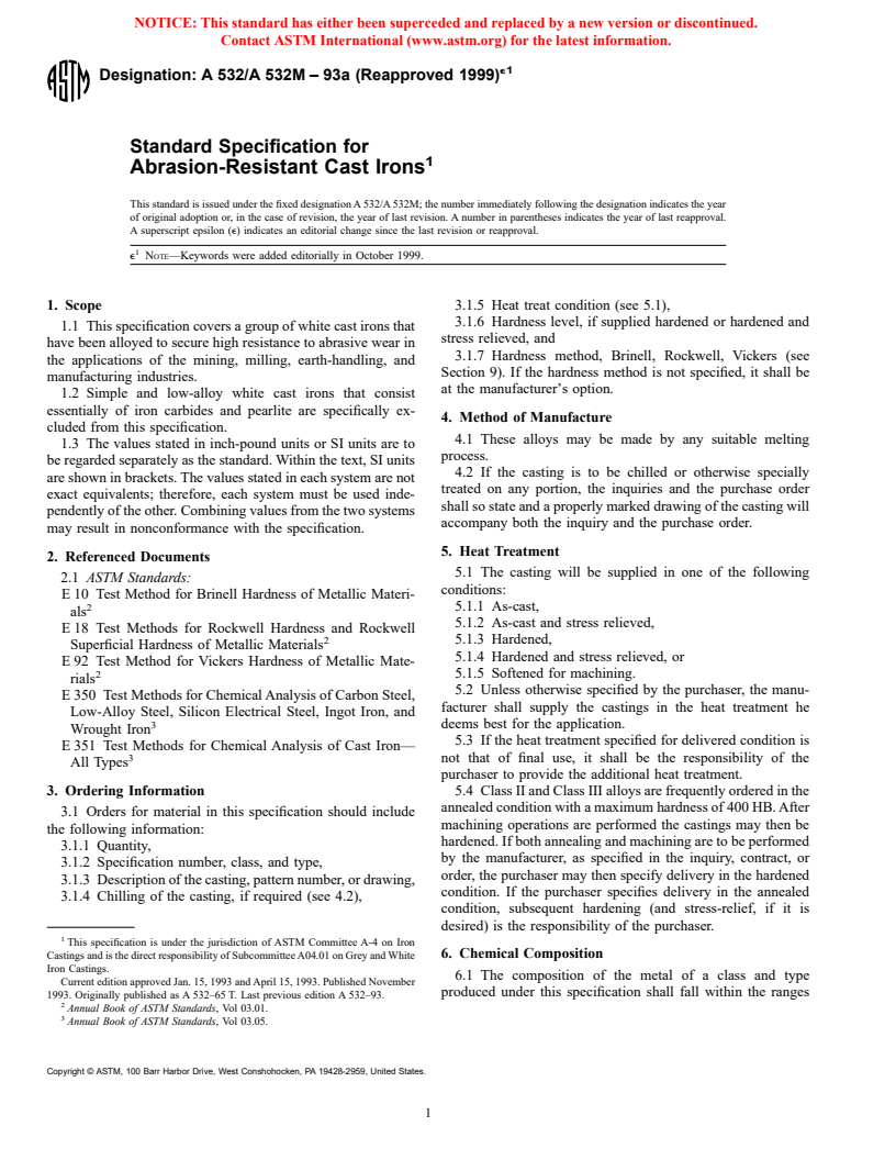 ASTM A532/A532M-93a(1999)e1 - Standard Specification for Abrasion-Resistant Cast Irons