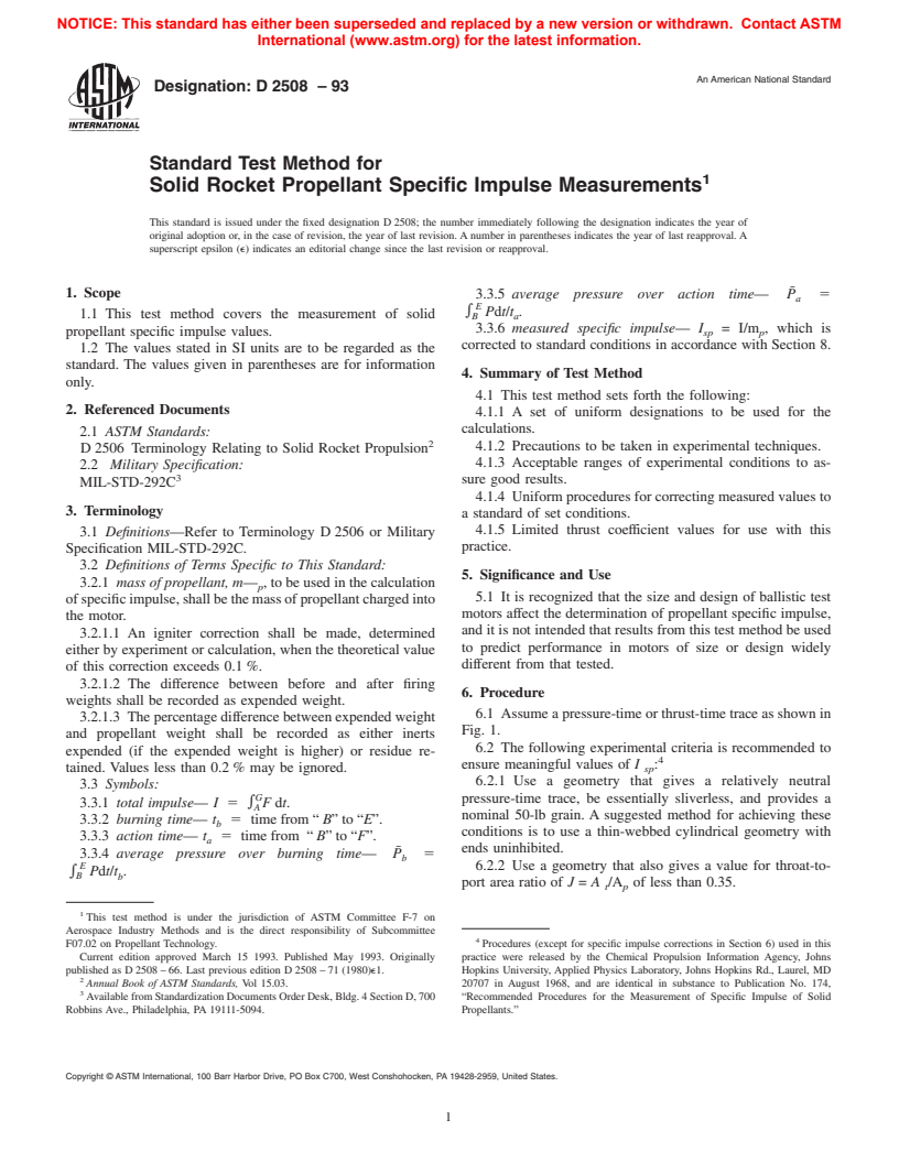 ASTM D2508-93 - Standard Test Method for Solid Rocket Propellant Specific Impulse Measurements