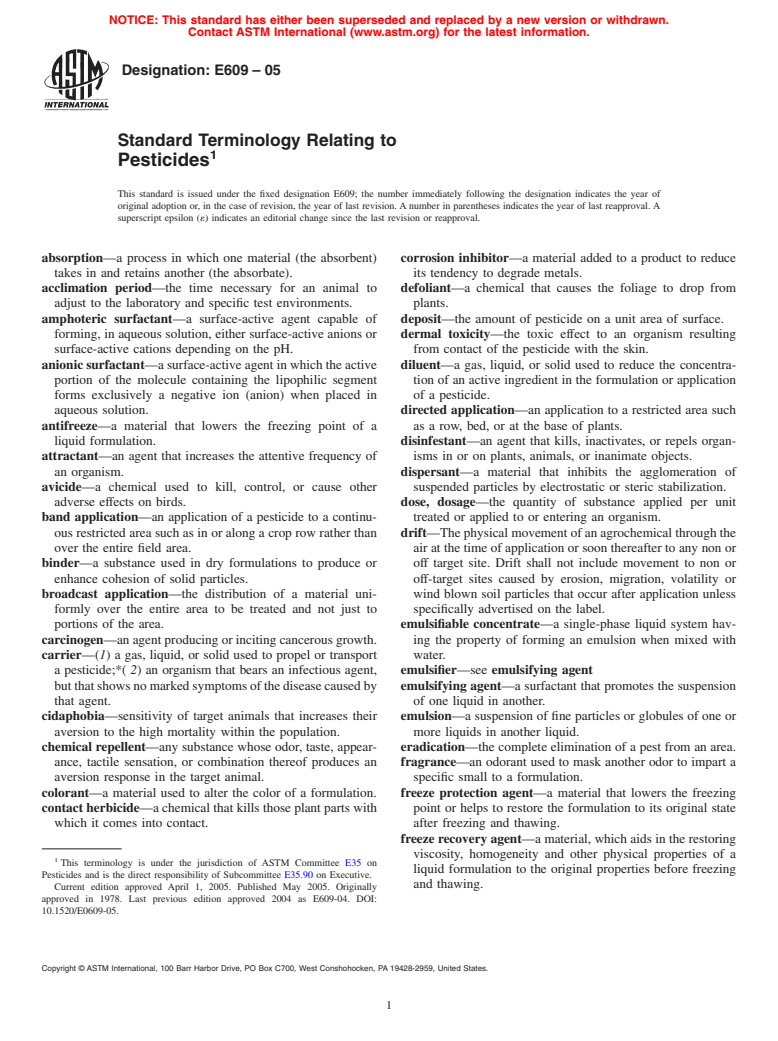 ASTM E609-05 - Standard Terminology Relating to Pesticides