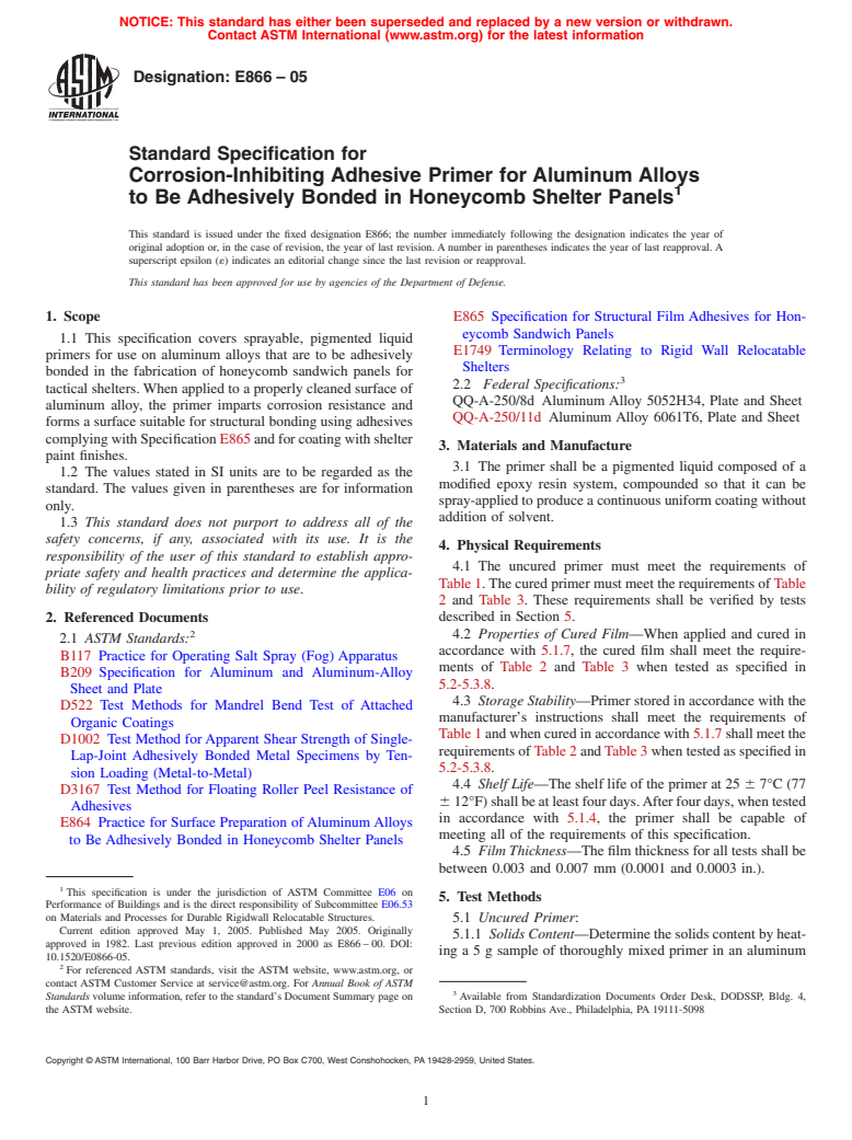 ASTM E866-05 - Standard Specification for Corrosion-Inhibiting Adhesive Primer for Aluminum Alloys to Be Adhesively Bonded in Honeycomb Shelter Panels