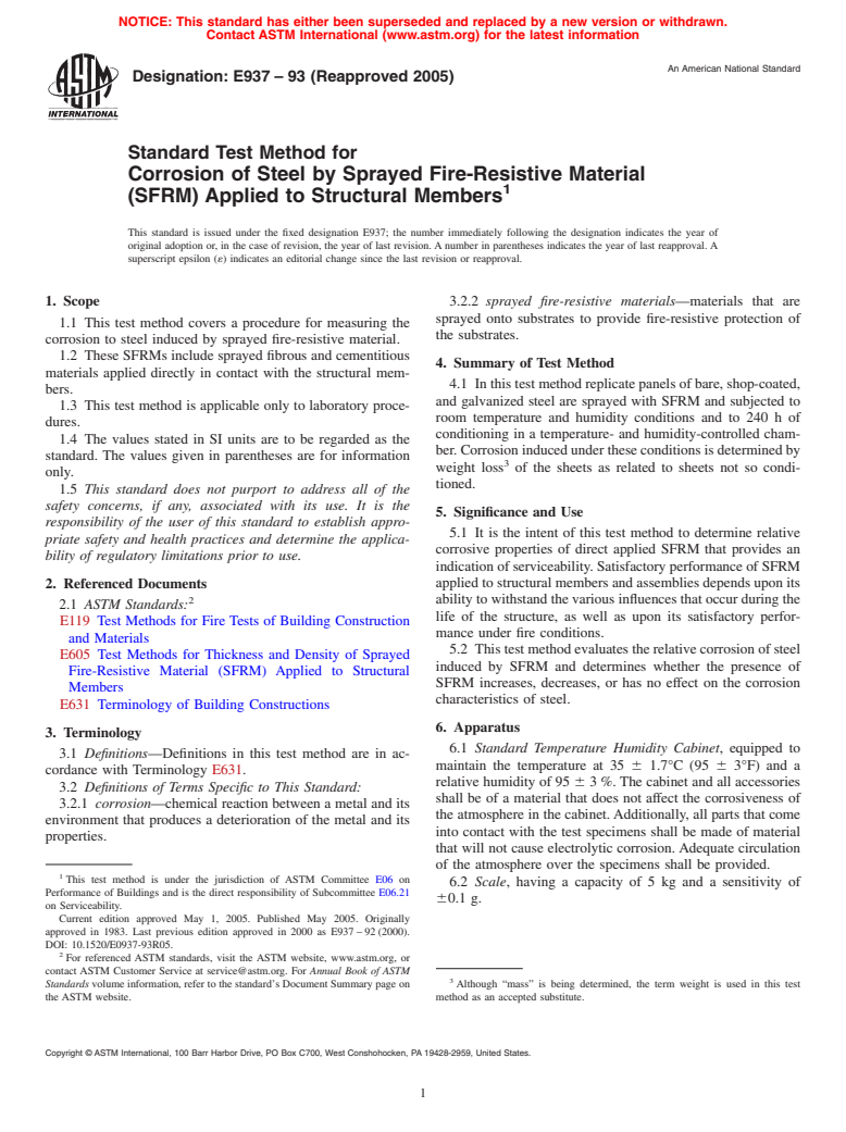 ASTM E937-93(2005) - Standard Test Method for Corrosion of Steel by Sprayed Fire-Resistive Material (SFRM) Applied to Structural Members