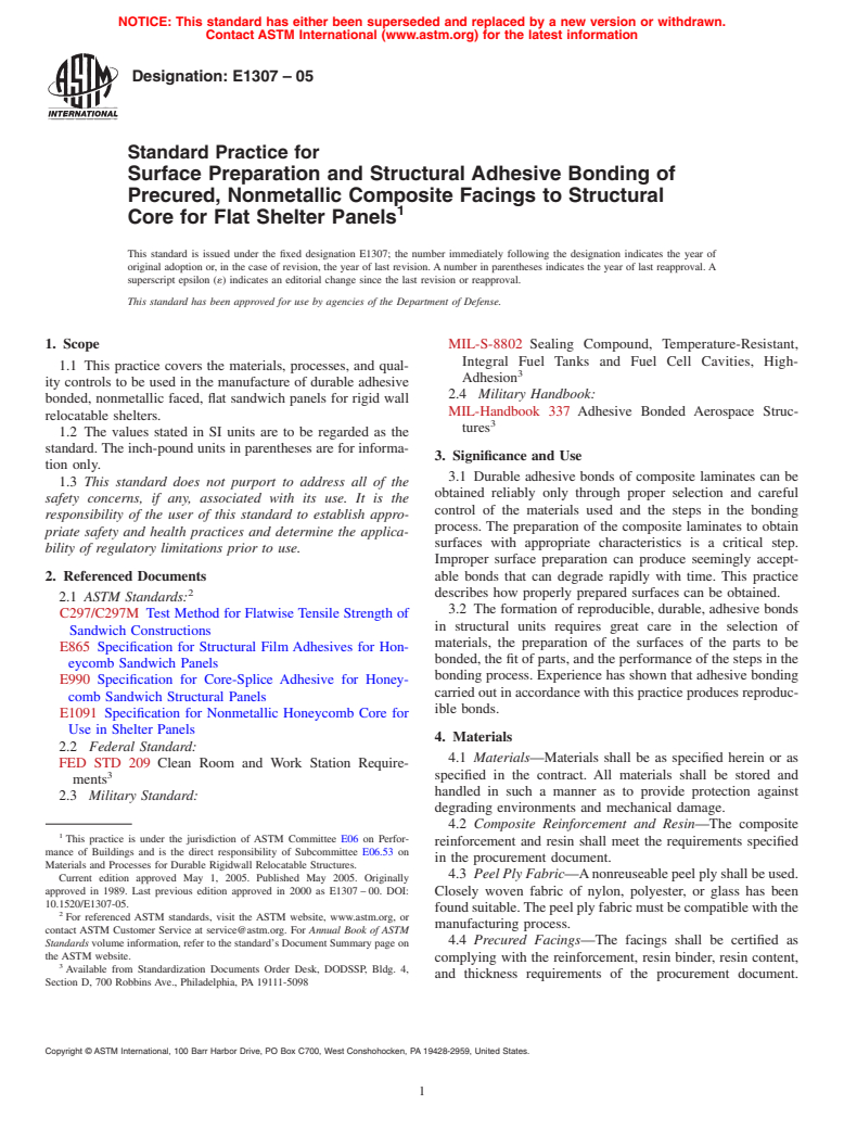 ASTM E1307-05 - Standard Practice for Surface Preparation and Structural Adhesive Bonding of Precured, Nonmetallic Composite Facings to Structural Core for Flat Shelter Panels