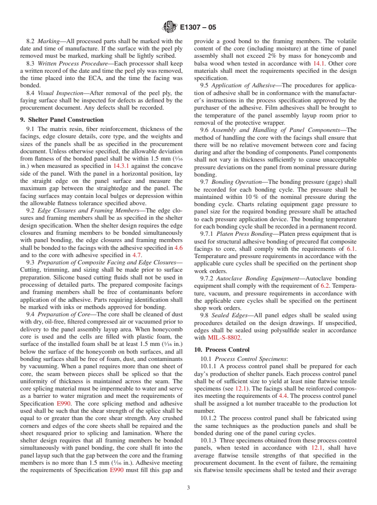 ASTM E1307-05 - Standard Practice for Surface Preparation and Structural Adhesive Bonding of Precured, Nonmetallic Composite Facings to Structural Core for Flat Shelter Panels