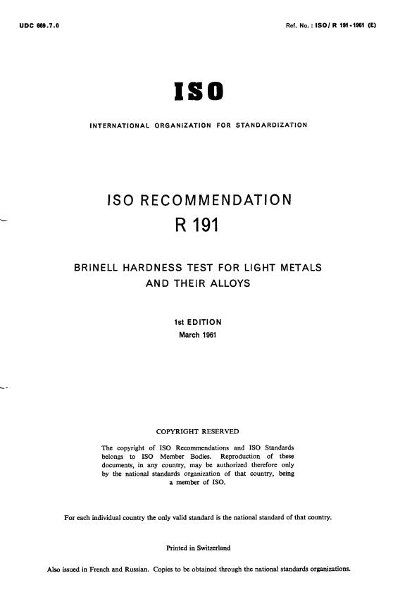 ISO/R 191:1971 - Brinell hardness test for light metals and their alloys