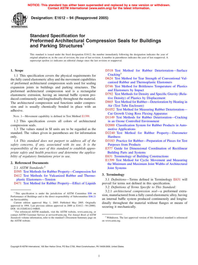 ASTM E1612-94(2005) - Standard Specification for Preformed Architectural Compression Seals for Buildings and Parking Structures