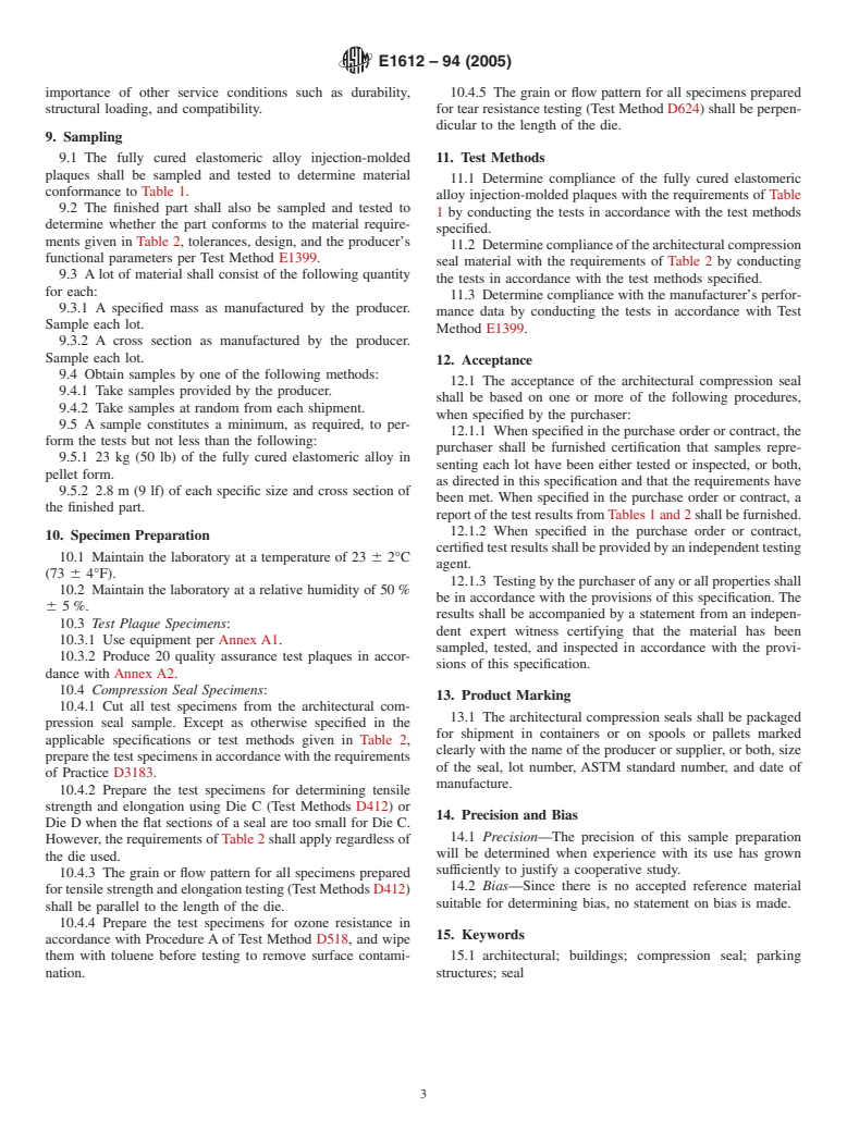 ASTM E1612-94(2005) - Standard Specification for Preformed Architectural Compression Seals for Buildings and Parking Structures