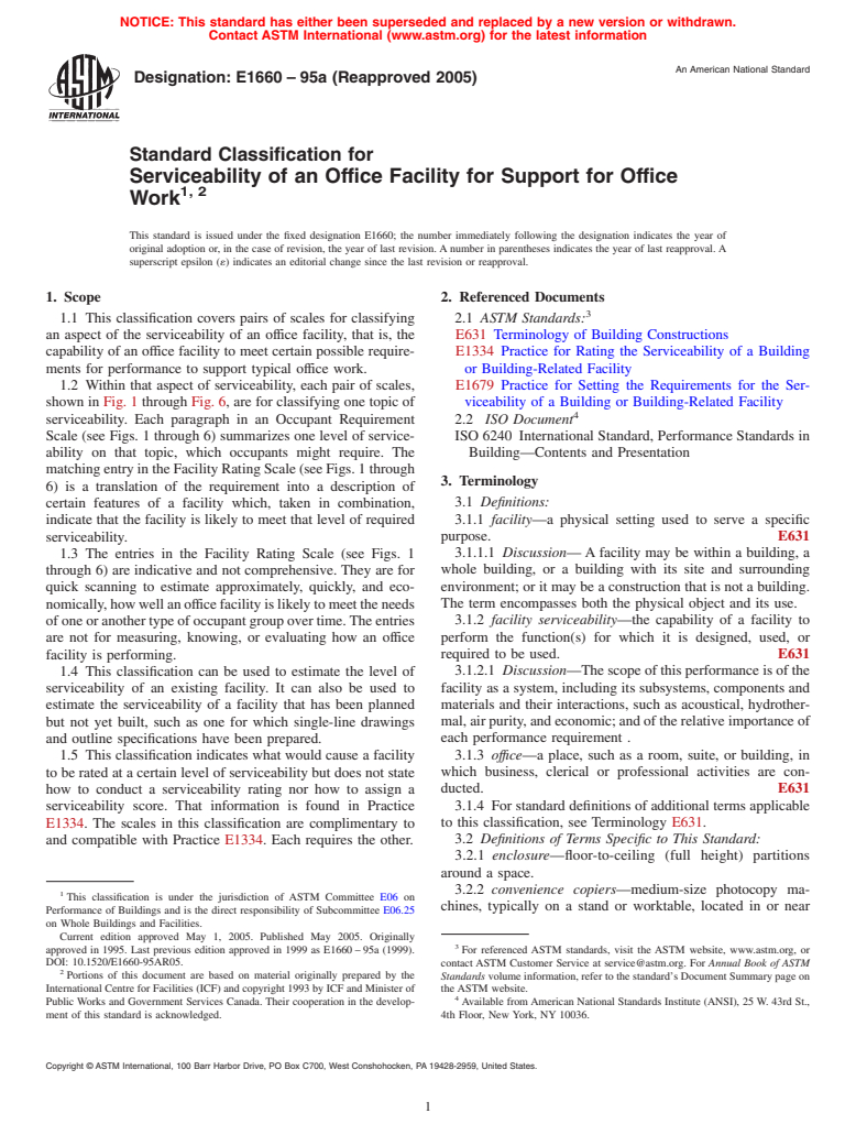 ASTM E1660-95a(2005) - Standard Classification for Serviceability of an Office Facility for Support for Office Work