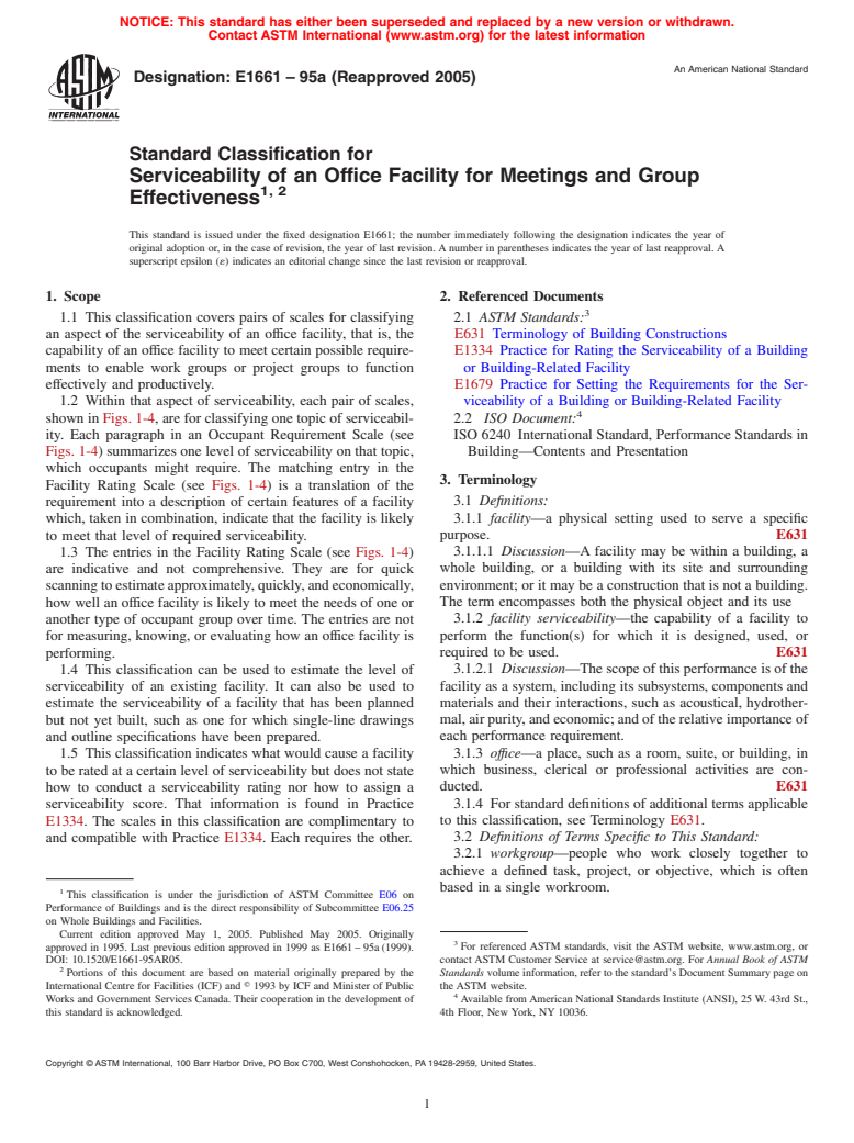 ASTM E1661-95a(2005) - Standard Classification for Serviceability of an Office Facility for Meetings and Group Effectiveness