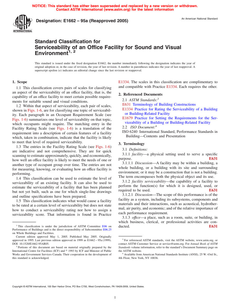 ASTM E1662-95a(2005) - Standard Classification for Serviceability of an Office Facility for Sound and Visual Environment