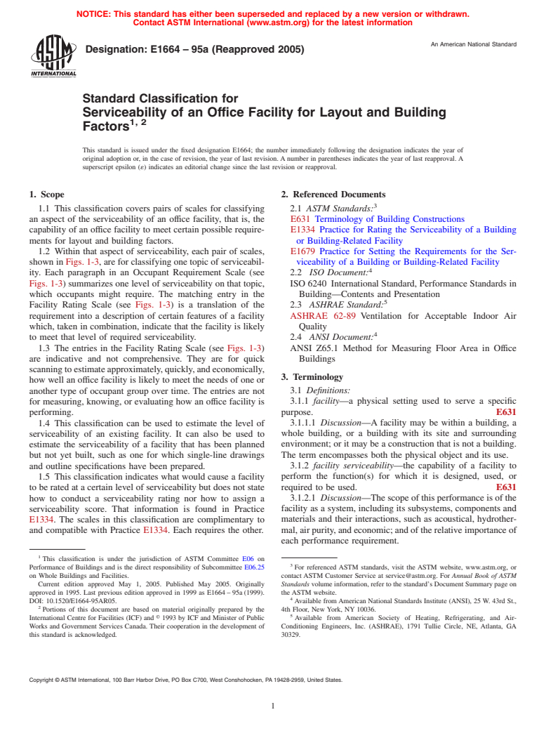 ASTM E1664-95a(2005) - Standard Classification for Serviceability of an Office Facility for Layout and Building Factors