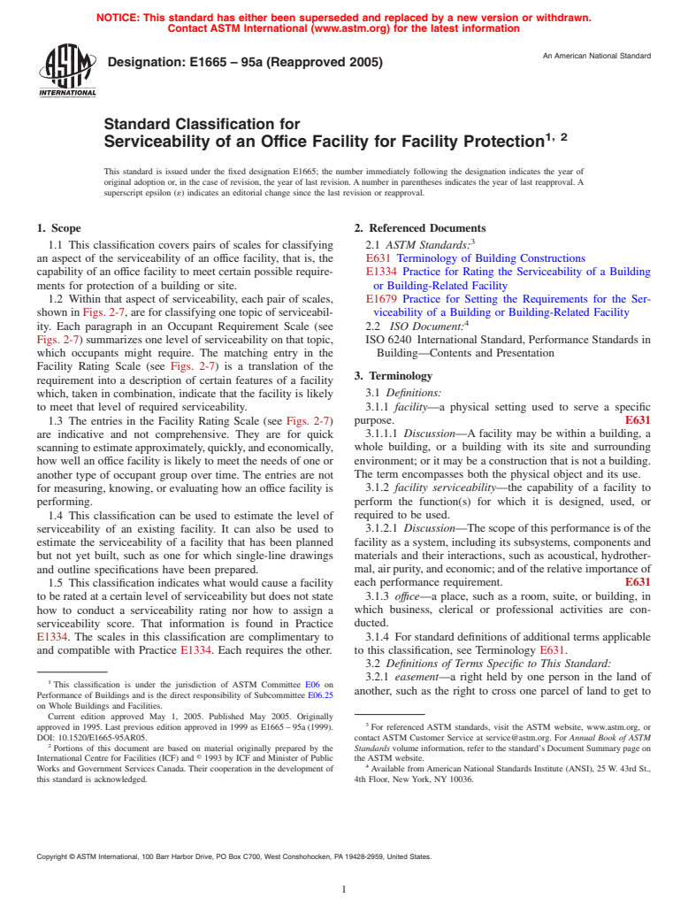 ASTM E1665-95a(2005) - Standard Classification for Serviceability of an Office Facility for Facility Protection