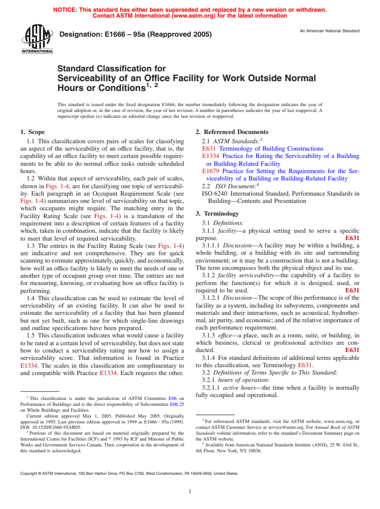 ASTM E1666-95a(2005) - Standard Classification for Serviceability of an Office Facility for Work Outside Normal Hours or Conditions