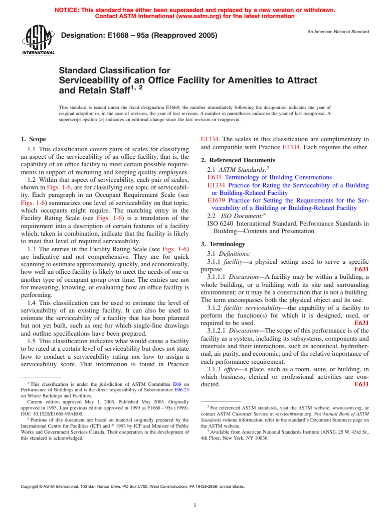 ASTM E1668-95a(2005) - Standard Classification for Serviceability of an Office Facility for Amenities to Attract and Retain Staff