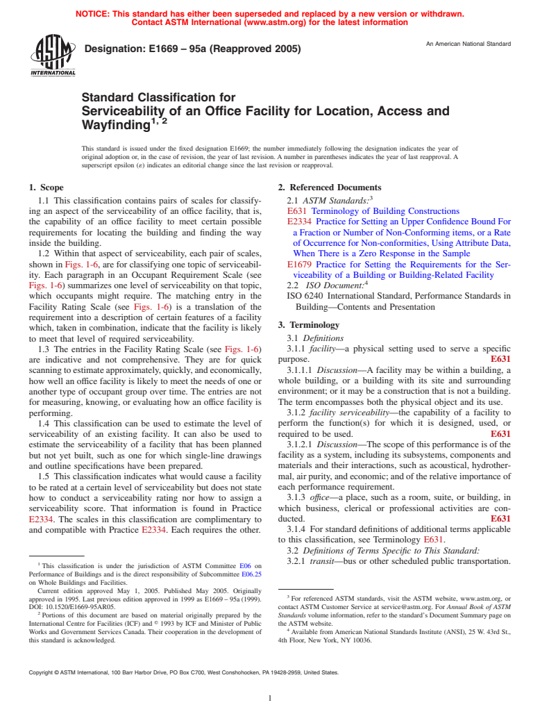 ASTM E1669-95a(2005) - Standard Classification for Serviceability of an Office Facility for Location, Access and Wayfinding