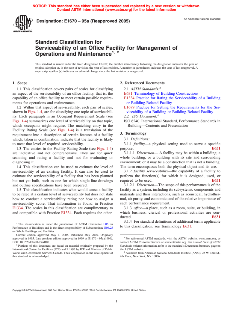 ASTM E1670-95a(2005) - Standard Classification for Serviceability of an Office Facility for Management of Operations and Maintenance