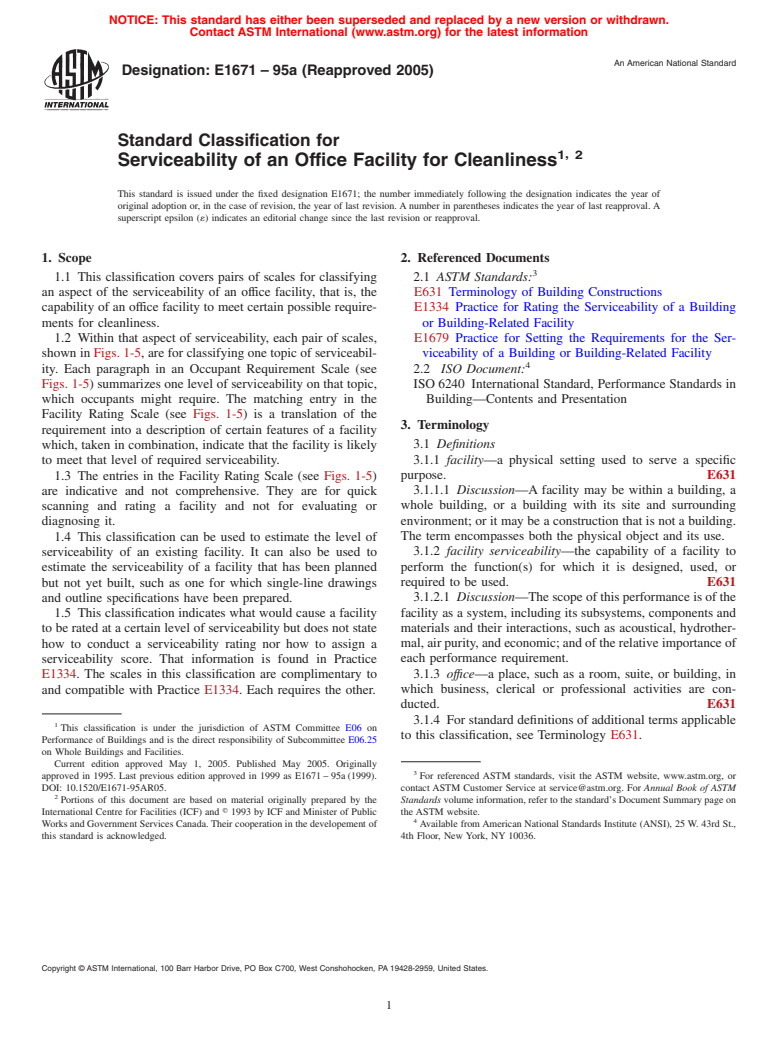 ASTM E1671-95a(2005) - Standard Classification for Serviceability of an Office Facility for Cleanliness