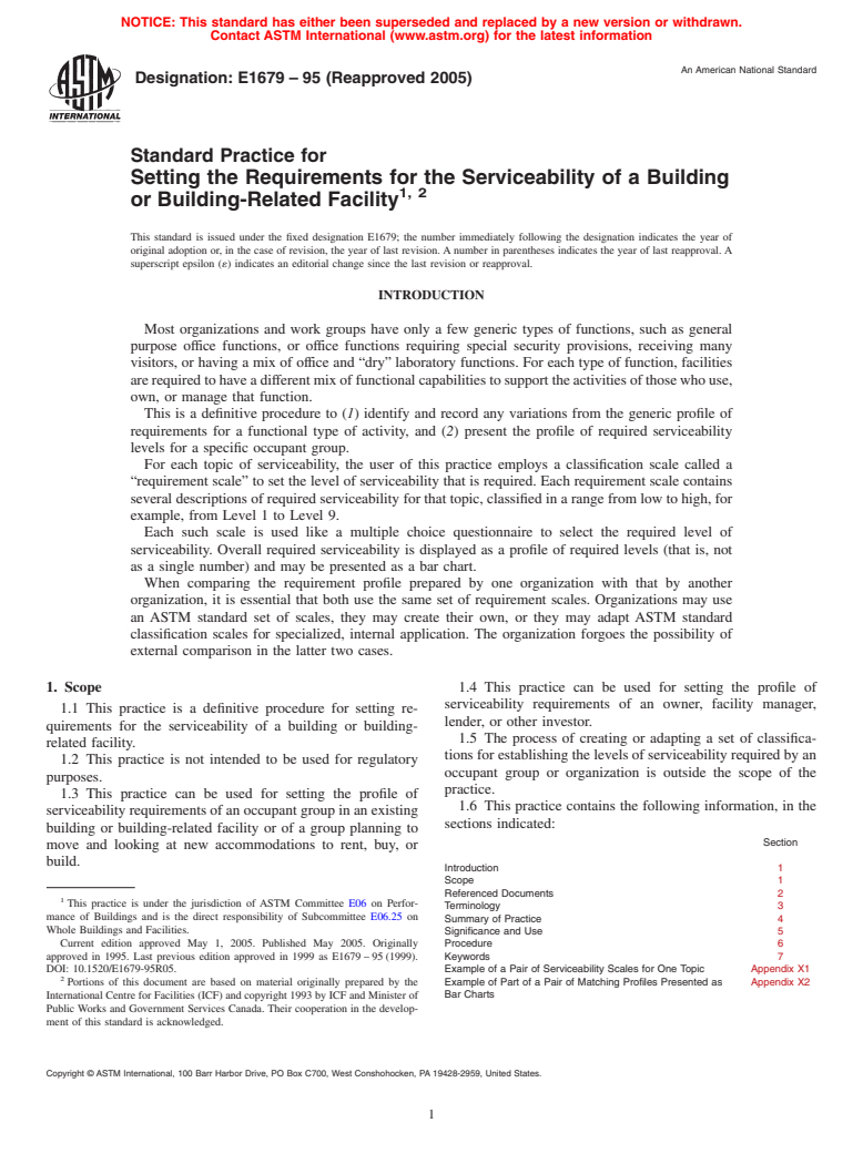 ASTM E1679-95(2005) - Standard Practice for Setting the Requirements for the Serviceability of a Building or Building-Related Facility