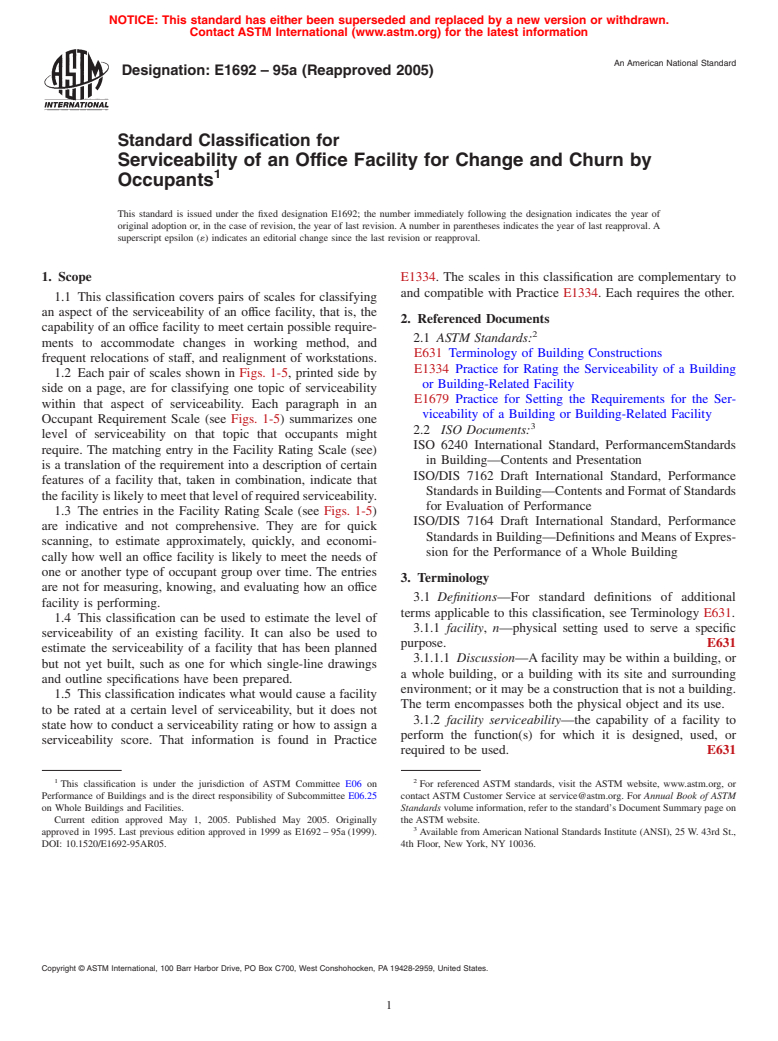 ASTM E1692-95a(2005) - Standard Classification for Serviceability of an Office Facility for Change and Churn by Occupants