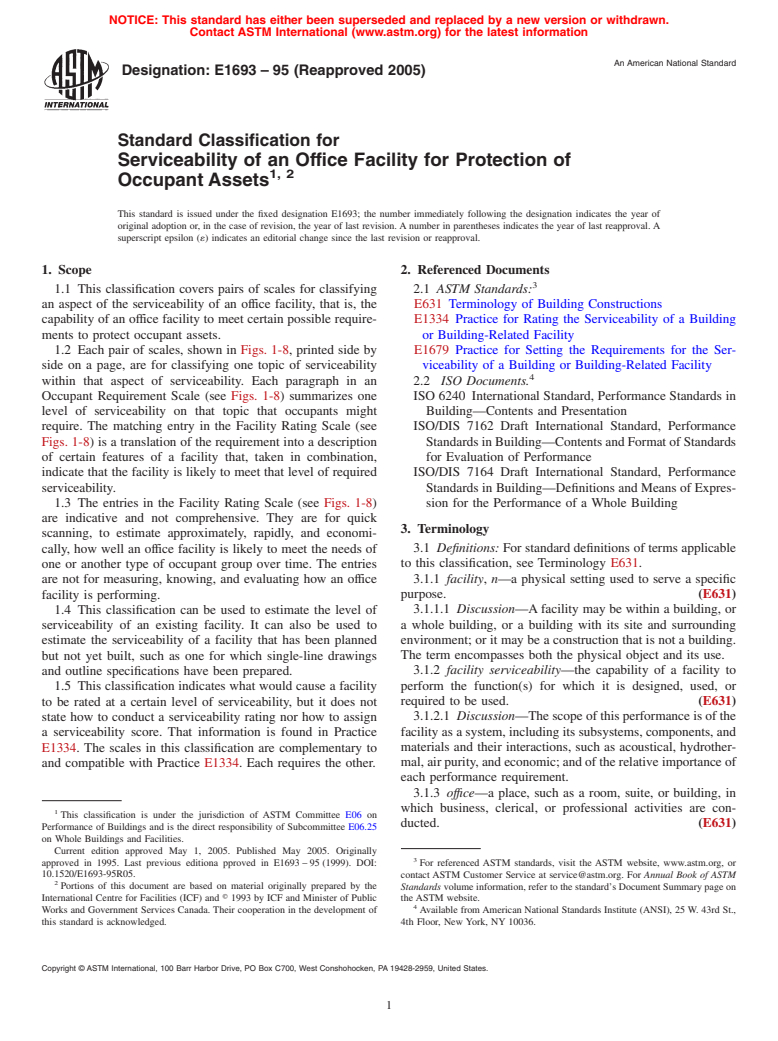 ASTM E1693-95(2005) - Standard Classification for Serviceability of an Office Facility for Protection of Occupant Assets