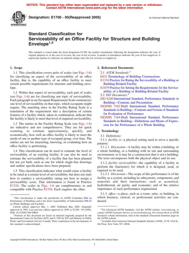 ASTM E1700-95(2005) - Standard Classification for Serviceability of an Office Facility for Structure and Building Envelope