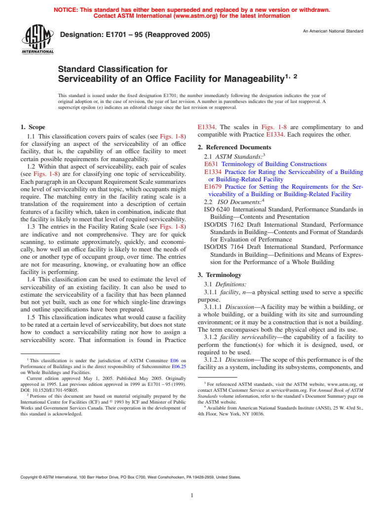 ASTM E1701-95(2005) - Standard Classification for Serviceability of an Office Facility for Manageability