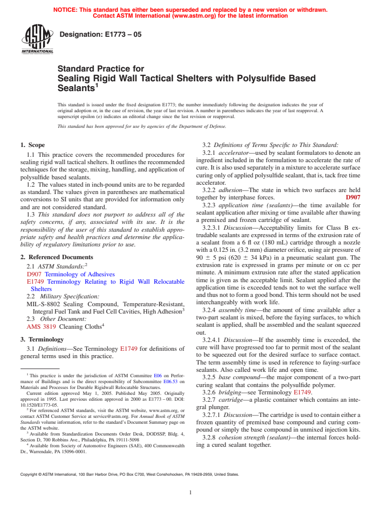 ASTM E1773-05 - Standard Practice for Sealing Rigid Wall Tactical Shelters with Polysulfide Based Sealants