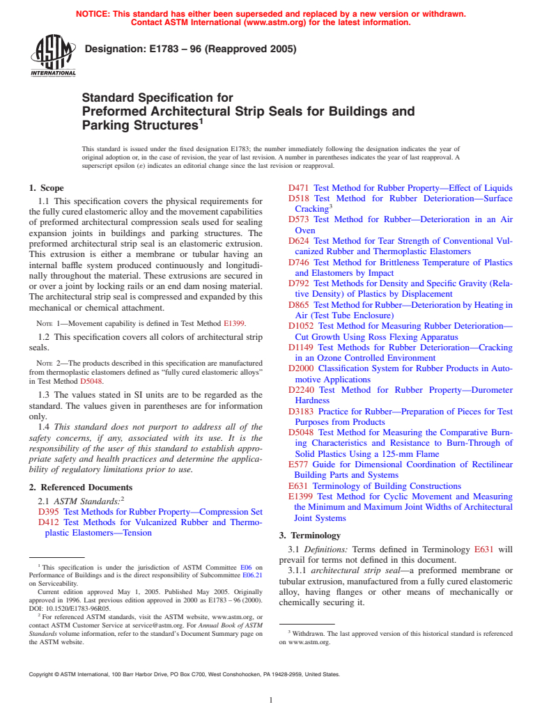 ASTM E1783-96(2005) - Standard Specification for Preformed Architectural Strip Seals for Buildings and Parking Structures