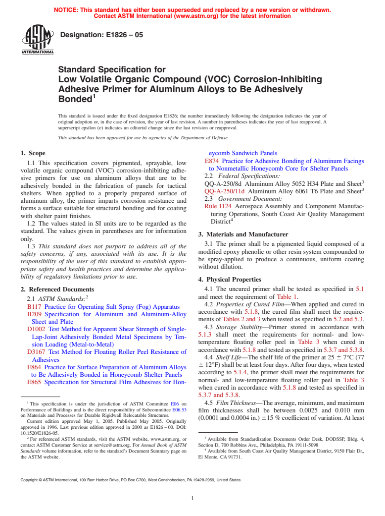 ASTM E1826-05 - Standard Specification for Low Volatile Organic Compound (VOC) Corrosion-Inhibiting Adhesive Primer for Aluminum Alloys to Be Adhesively Bonded