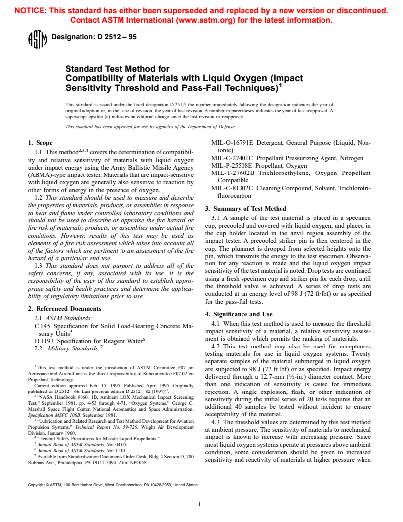 ASTM D2512-95 - Standard Test Method for Compatibility of Materials with Liquid Oxygen (Impact Sensitivity Threshold and Pass-Fail Techniques)