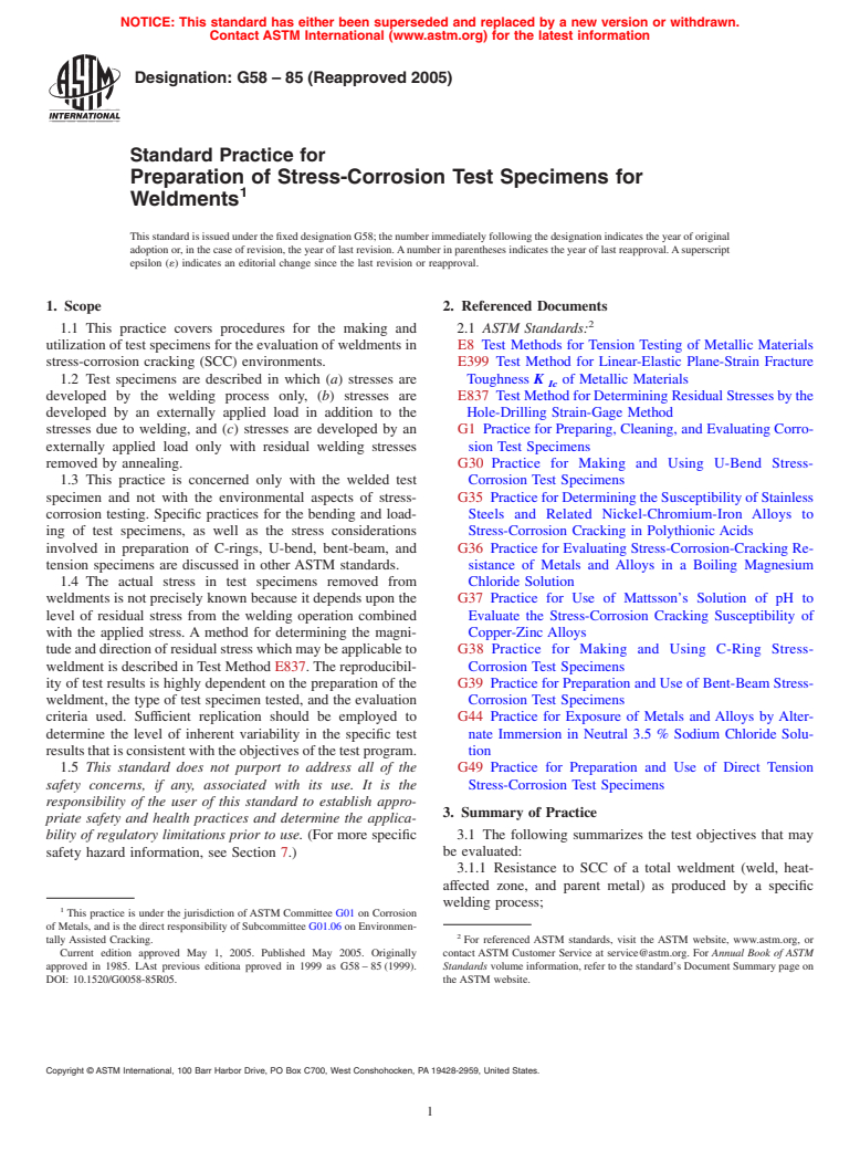 ASTM G58-85(2005) - Standard Practice for Preparation of Stress-Corrosion Test Specimens for Weldments