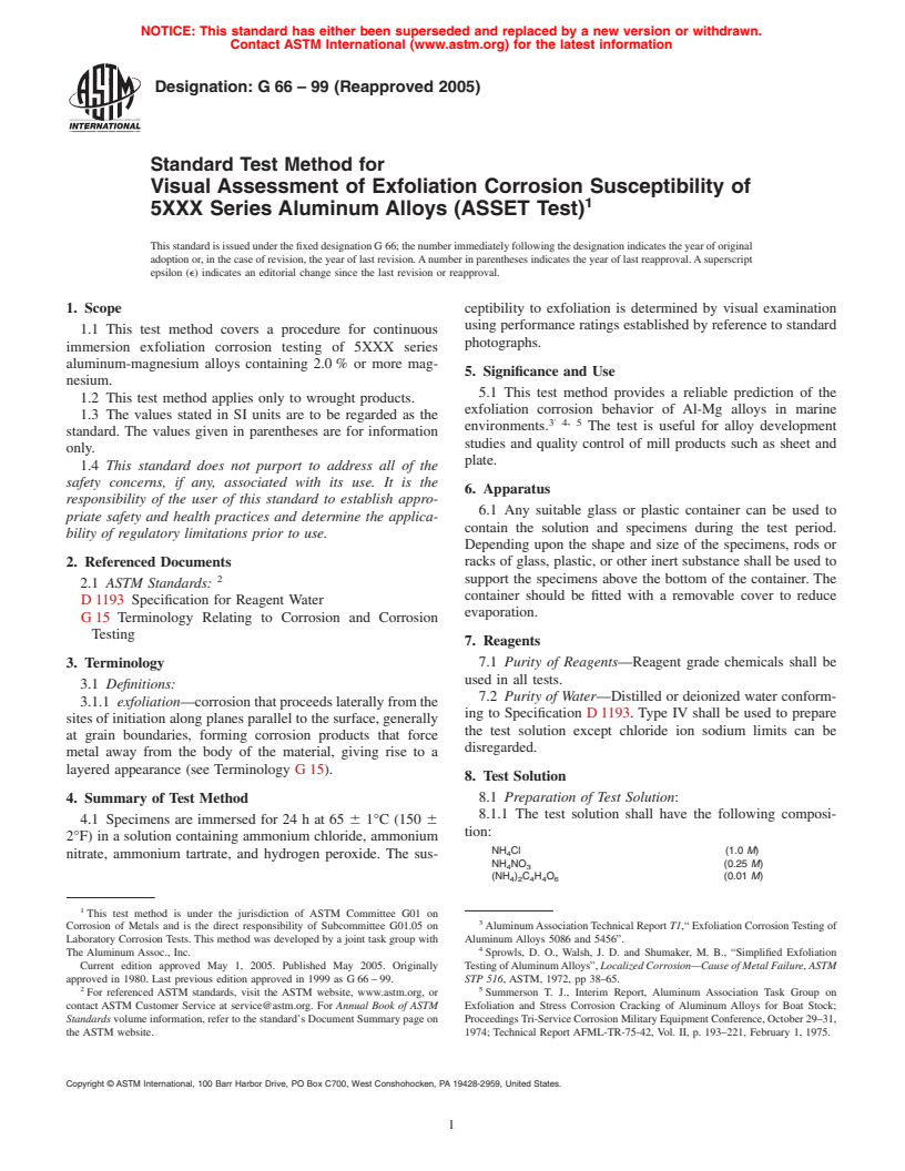 ASTM G66-99(2005) - Standard Test Method for Visual Assessment of Exfoliation Corrosion Susceptibility of 5XXX Series Aluminum Alloys (ASSET Test)