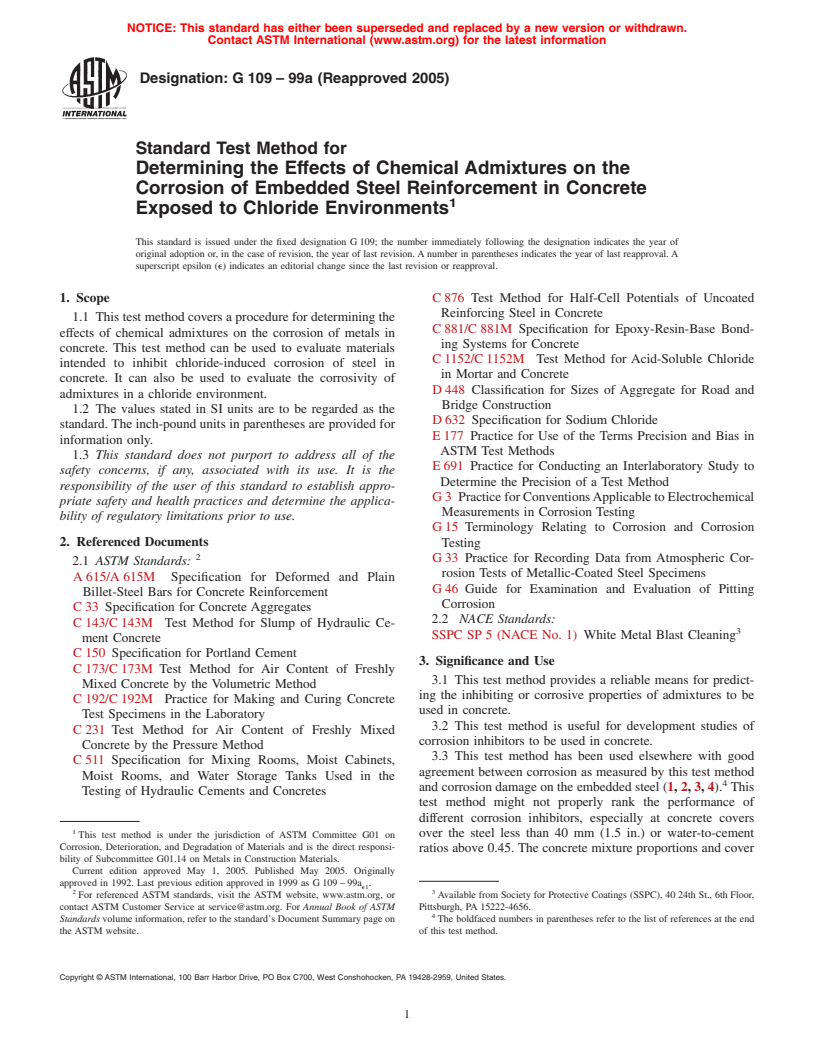 ASTM G109-99a(2005) - Standard Test Method for Determining the Effects of Chemical Admixtures on the Corrosion of Embedded Steel Reinforcement in Concrete Exposed to Chloride Environments